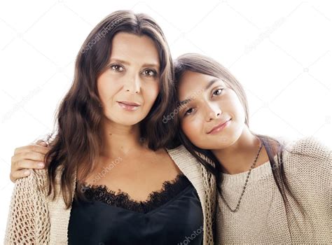 Cute Pretty Teen Daughter With Mature Mother Hugging Fashion Style Brunette Makeup Close Up