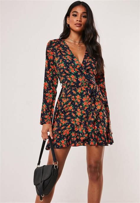 Missguided Navy Floral Print Satin Ruffle Wrap Tea Dress Tea Dress