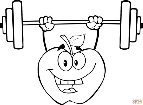 Apple Cartoon Character Lifting Weights Coloring Page Free Printable