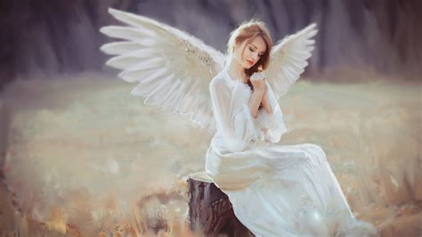 Girl Angel With Wings Is Wearing White Dress Sitting On Tree Trunk Hd Angel Wallpapers Hd