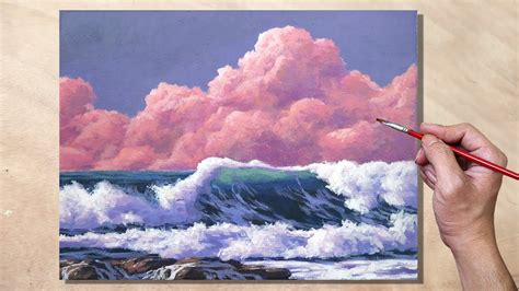 Acrylic Painting Pink Clouds And Waves Seascape Youtube