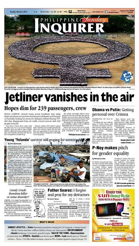 Jetliner Vanishes In The Air Todays Inquirer Banner Story March 9