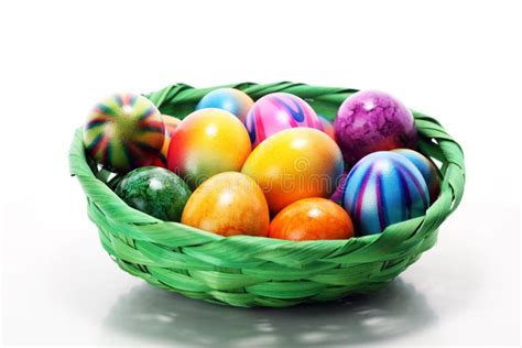 Basket Of Easter Eggs On Table Easter Decoration Stock Image Image