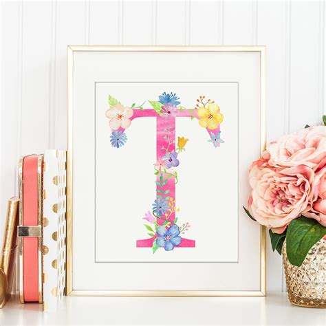 Watercolor Pink Floral Letter T Alphabet T Initial T Art Print Digi