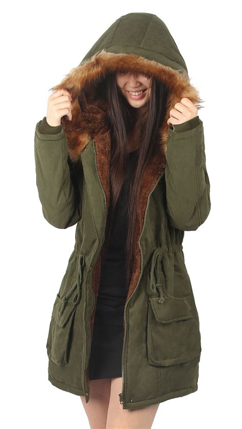 Ilovesia Winter Fur Lined Coats For Women Parka Jacket Green Size 8