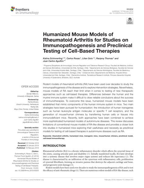 Pdf Humanized Mouse Models Of Rheumatoid Arthritis For Studies On