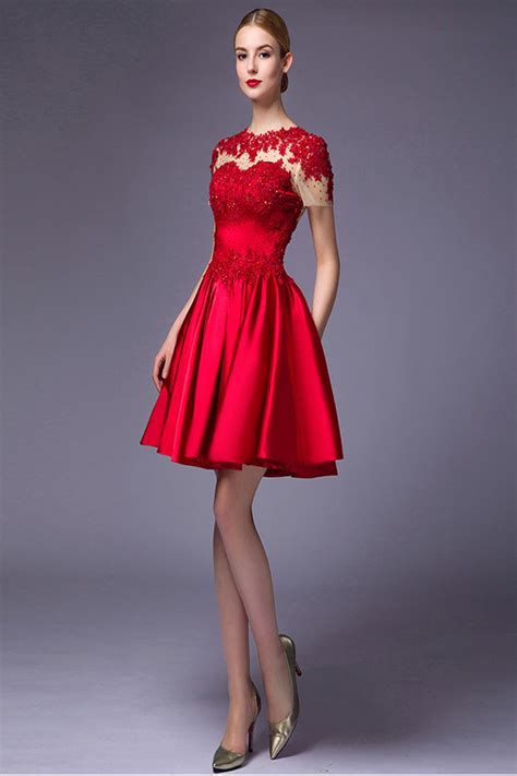 Cap Sleeves Beaded Red Lace Homecoming Cocktail Dresses Ed0714 Okdresses