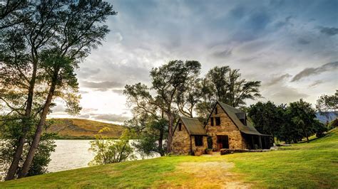 New Zealand Queenstown Cabin Lake And Trees Hd Nature Wallpapers Hd