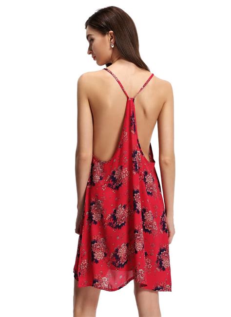 Red L Sexy Spaghetti Strap Floral Print Backless Sleeveless Chiffon Mini Slip Dress Chicuu