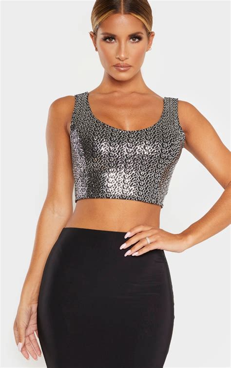 silver sequin crop top tops prettylittlething