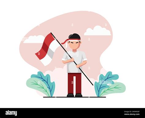 Illustration Flat Design Of Indonesian Young Warrior Holding A Flag
