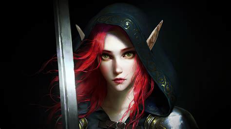 Download Red Hair Hood Pointed Ears Woman Warrior Sword Fantasy Elf 4k