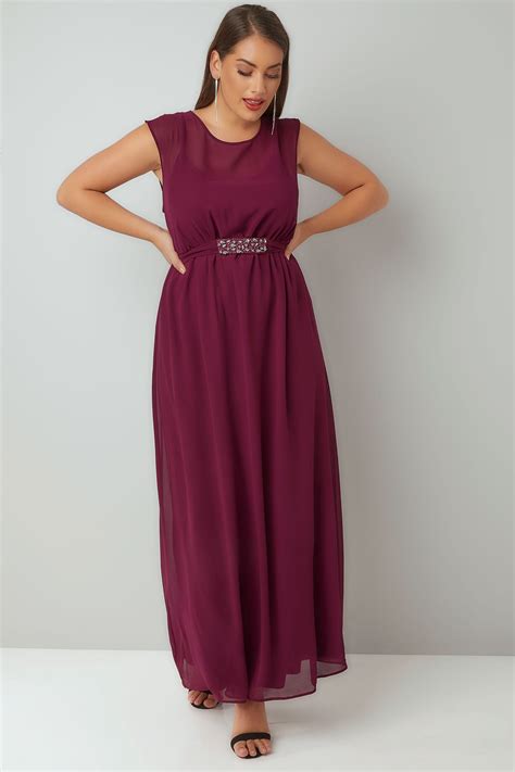 Burgundy Chiffon Maxi Dress With Embellished Tie Waist And Split Back Plus Size 16 To 32