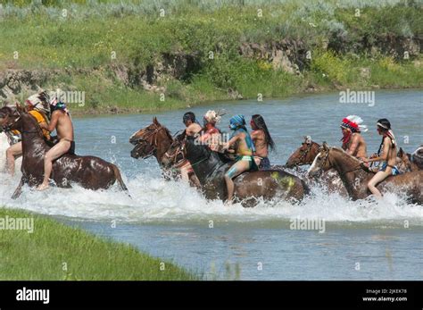 American Indian Braves Race To War On Horseback Crossing The Little