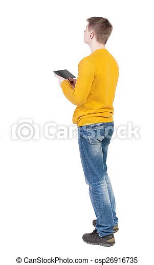 Back View Of Man With Tablet Standing Young Guy Rear View People