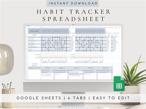 Habit Tracker Google Sheet Productivity Planner Goal Setting