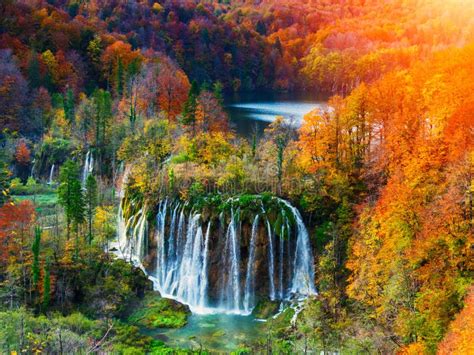 Amazing Waterfall And Autumn Colors In Plitvice Lakes Stock Photo