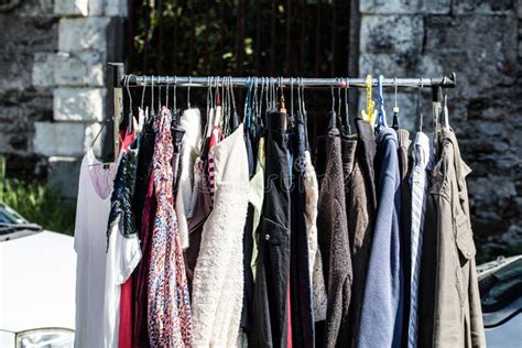 Rack Of Old Fashioned Women S Clothes At Garage Sale Stock Image