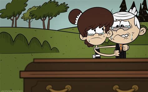 An Old Man And Woman Are Kissing In Front Of A Casket With Trees Behind Them