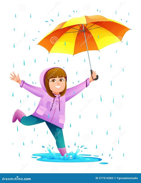 Cheerful Girl With Umbrella Playing Puddle In The Rain Stock Vector