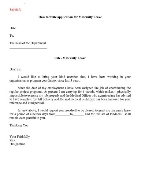 Writing a leave application is a good way for requesting leave at work. Sample Letter For Maternity Leave Application