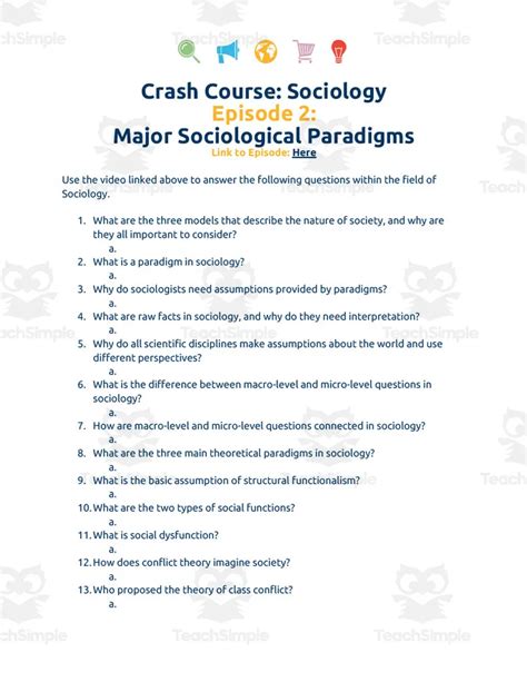 Crash Course Sociology Episode Worksheet 2 Major Sociological Paradigms By Teach Simple