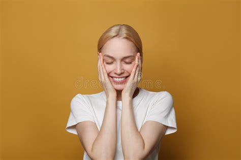 Happy Woman Portrait Young Cute Woman Having Fun On Bright Yellow