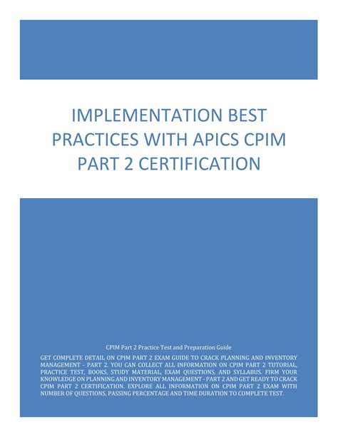 Implementation Best Practices With Apics Cpim Part 2 Certification By