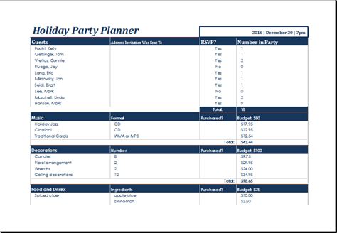ms excel printable holiday party planner template excel