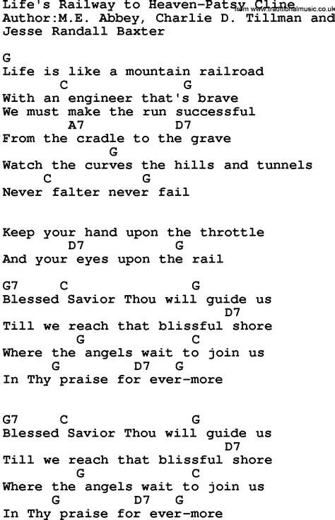Country Musiclifes Railway To Heaven Patsy Cline Lyrics And Chords