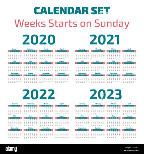 Simple 2020 2023 Years Calendar Week Starts On Sunday Stock Vector