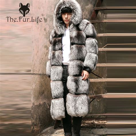 2018 Luxury Full Pelt Real Silver Fox Fur Coat For Mens Long Jackets