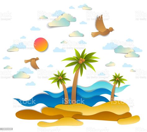 Beautiful Seascape With Sea Waves Beach And Palms Birds Clouds And Sun