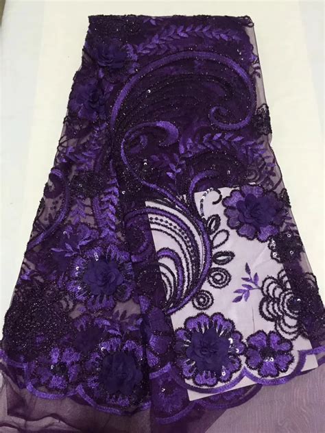 Purple French Laces Fabric 3d Sequins Flower Embroidery High Quality