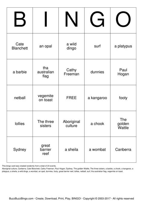 Australian Words Bingo Cards To Download Print And Customize