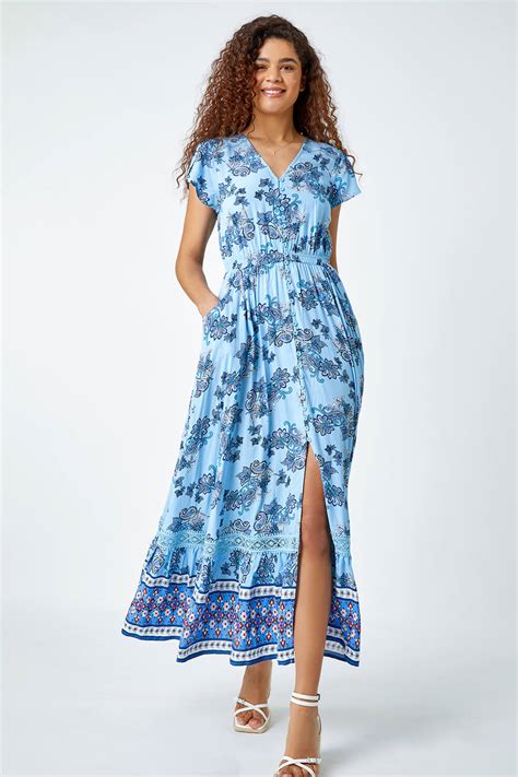 Light Blue Floral Print Shirred Waist Maxi Dress Roman Uk