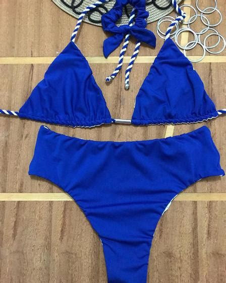 Biquini Azul Royal Todo Dupla Face Com Branco Calcinha Hot Pante Sutiã