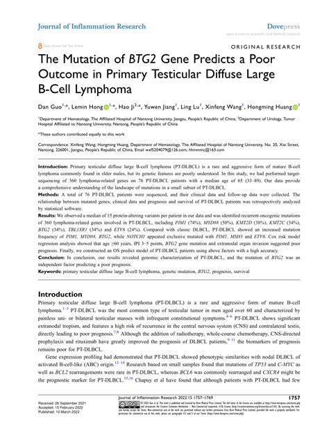 Pdf The Mutation Of Btg2 Gene Predicts A Poor Outcome In Primary