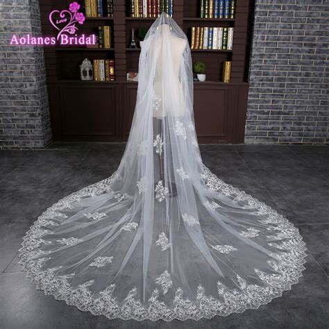 Luxury 3 M Sequined Lace Appliques Wedding Veils Long Tulle Ivorywhite
