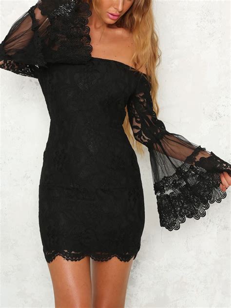 Black Off Shoulder Flare Sleeve Lace Bodycon Mini Dress Mini Dress Mini Dress Fashion