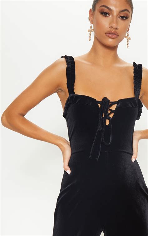 tall black velvet wide leg jumpsuit tall prettylittlething aus