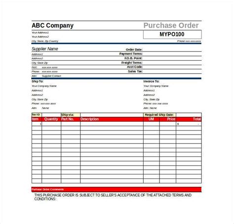 purchase order template   excel word template section