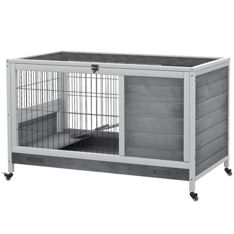 Pawhut Wooden Indoor Rabbit Hutch Elevated Cage Habitat With Wheels