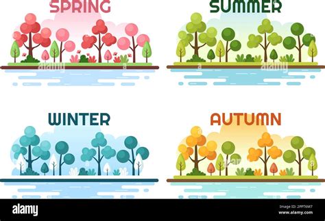 Landschaft Der Vier Jahreszeiten Der Natur Mit Landschaft Frühling Sommer Herbst Und Winter In