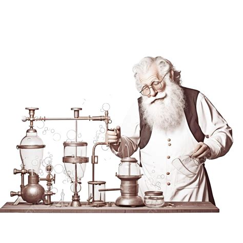funny old bearded scientist chemist making homemade wine spirit in his alcohol machine science