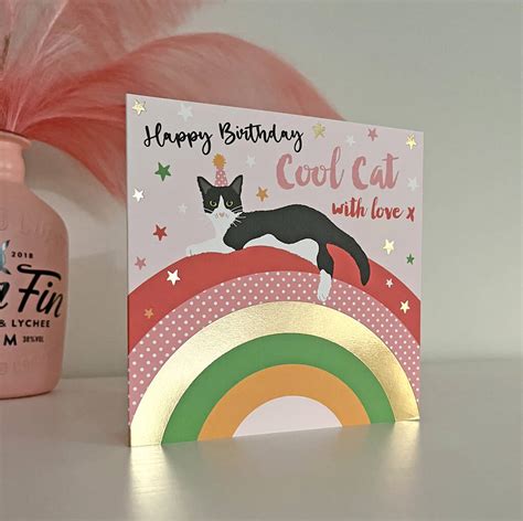 Over The Rainbow Happy Birthday Cool Cat Card By Michelle Fiedler Design