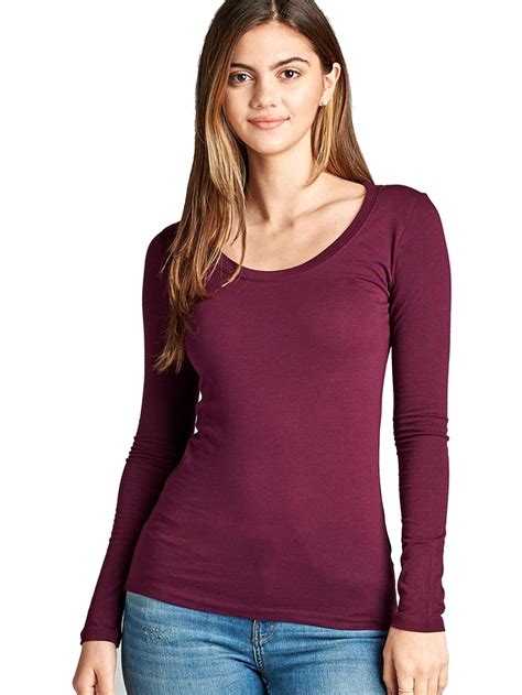Womens Long Sleeve Scoop Neck Fitted Cotton Top Basic T Shirts Plus Size Available Fast And Free