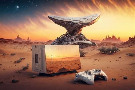 Sci Fi Landscape With Futuristic Game Console And Wireless Controllers