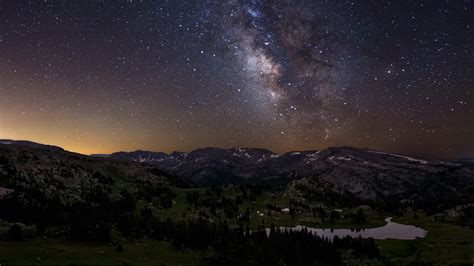 Mountain Near Body Of Water Landscape Starry Night Milky Way Stars