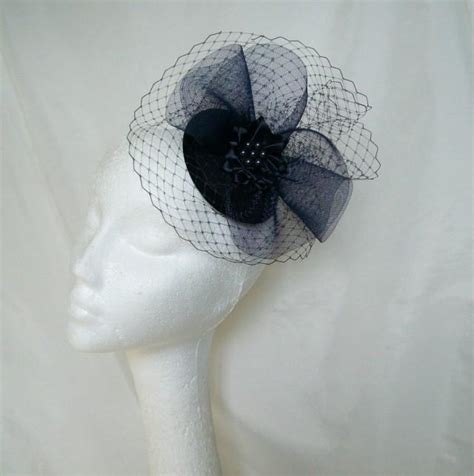 Navy Blue Fascinator With Blusher Veil Crinoline Bow Pearls Crystal